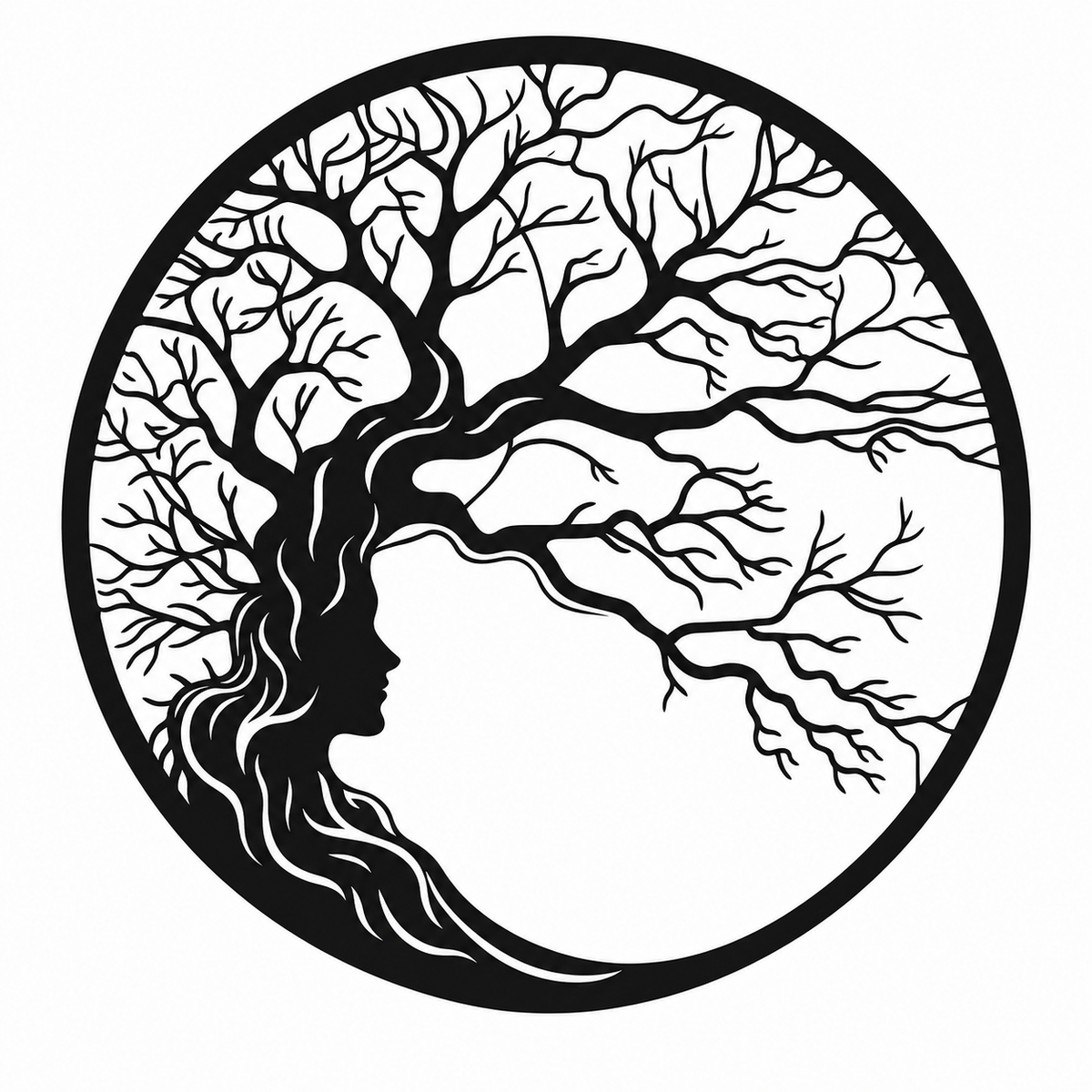 Tree of Life Woman Face Metal Wall Art, Round Panel