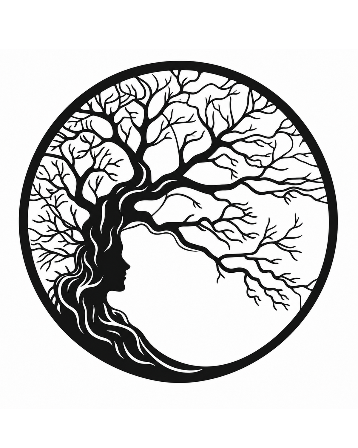 Tree of Life Woman Face Metal Wall Art, Round Panel