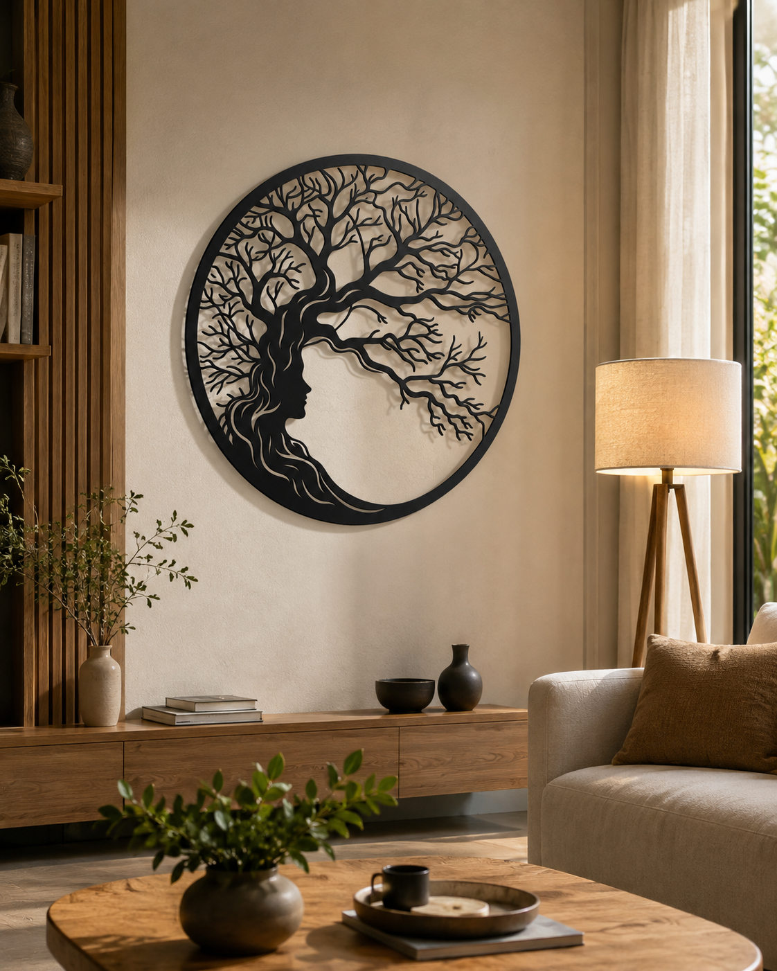 Tree of Life Woman Face Metal Wall Art, Round Panel