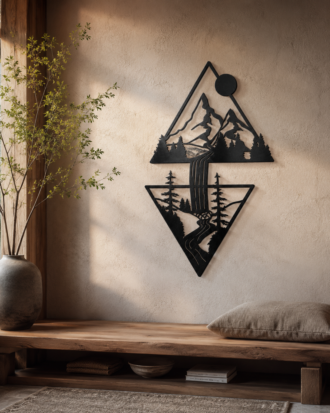 Mountain Waterfall Metal Wall Art, Double Triangle Panel