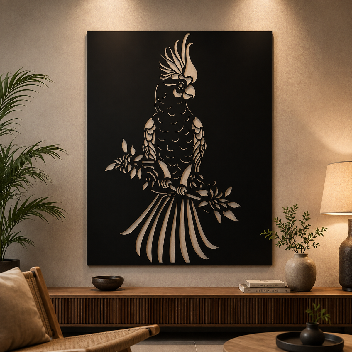 Cockatoo Metal Wall Art, Solid Panel with Cutout Detail