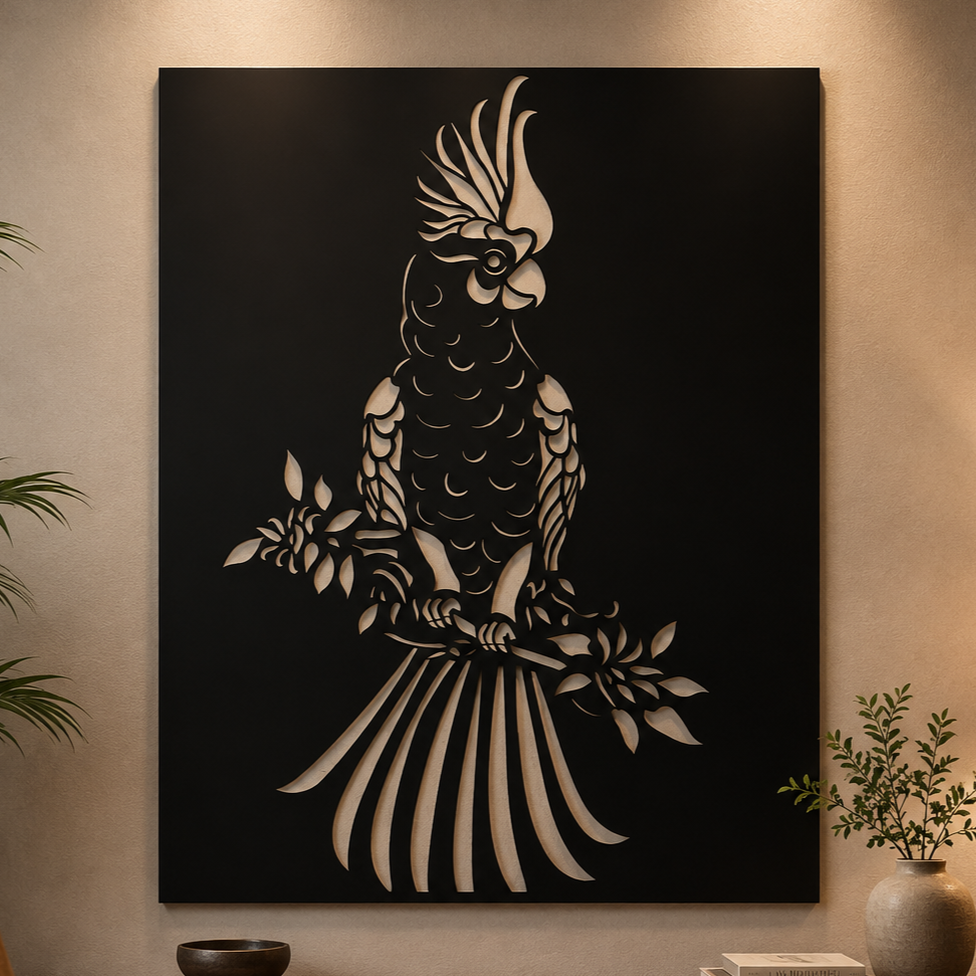 Cockatoo Metal Wall Art, Solid Panel with Cutout Detail