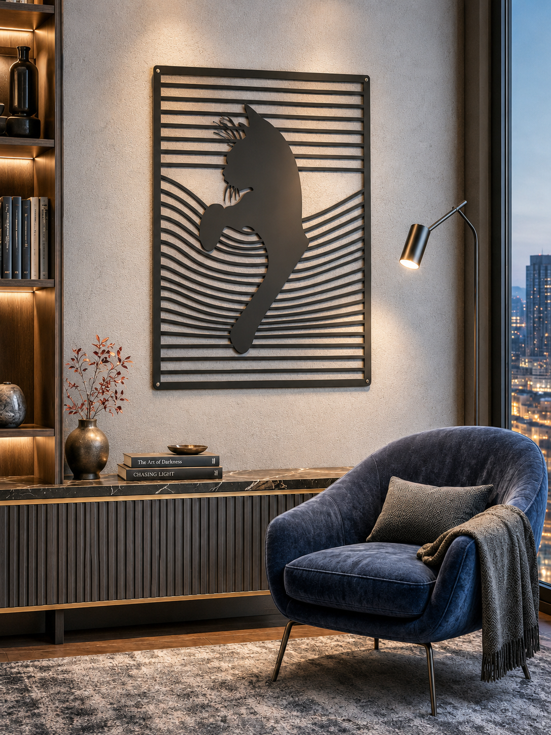 Cat Silhouette Metal Wall Art, Wave Line Panel