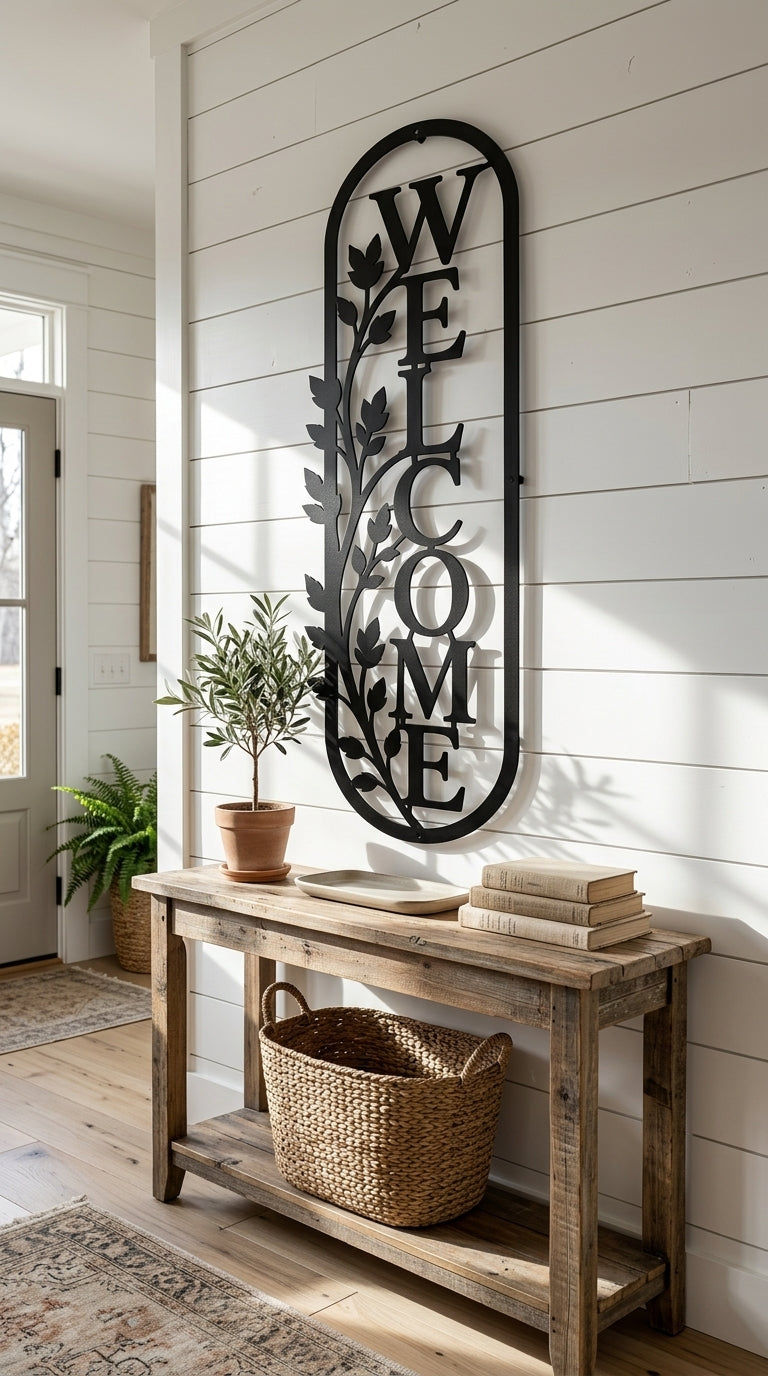 Welcome Sign Metal Wall Art, Vine Detail Panel