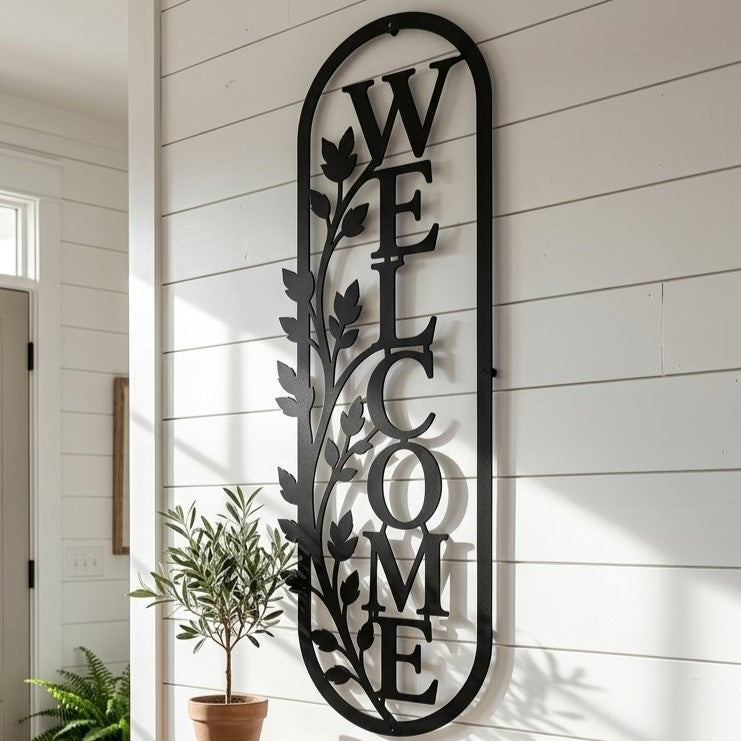Welcome Sign Metal Wall Art, Vine Detail Panel