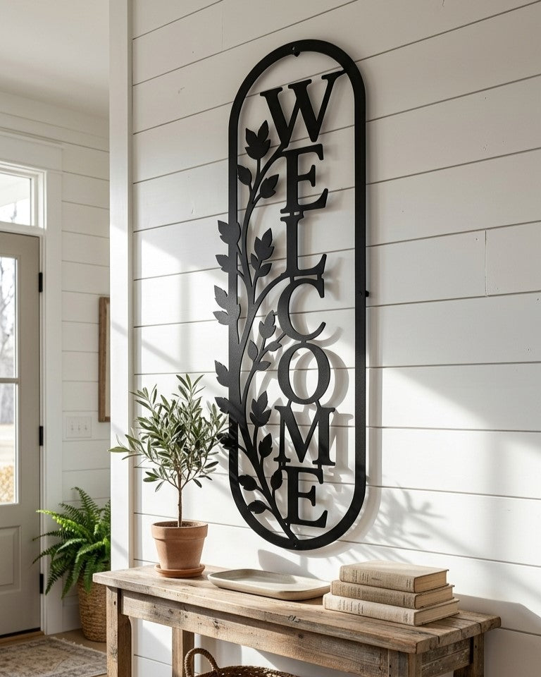 Welcome Sign Metal Wall Art, Vine Detail Panel