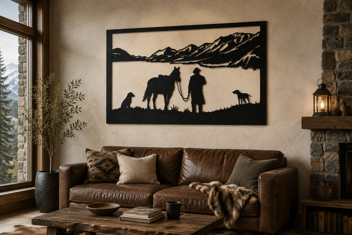 Cowboy Mountain Scene Metal Wall Art, Framed Panel