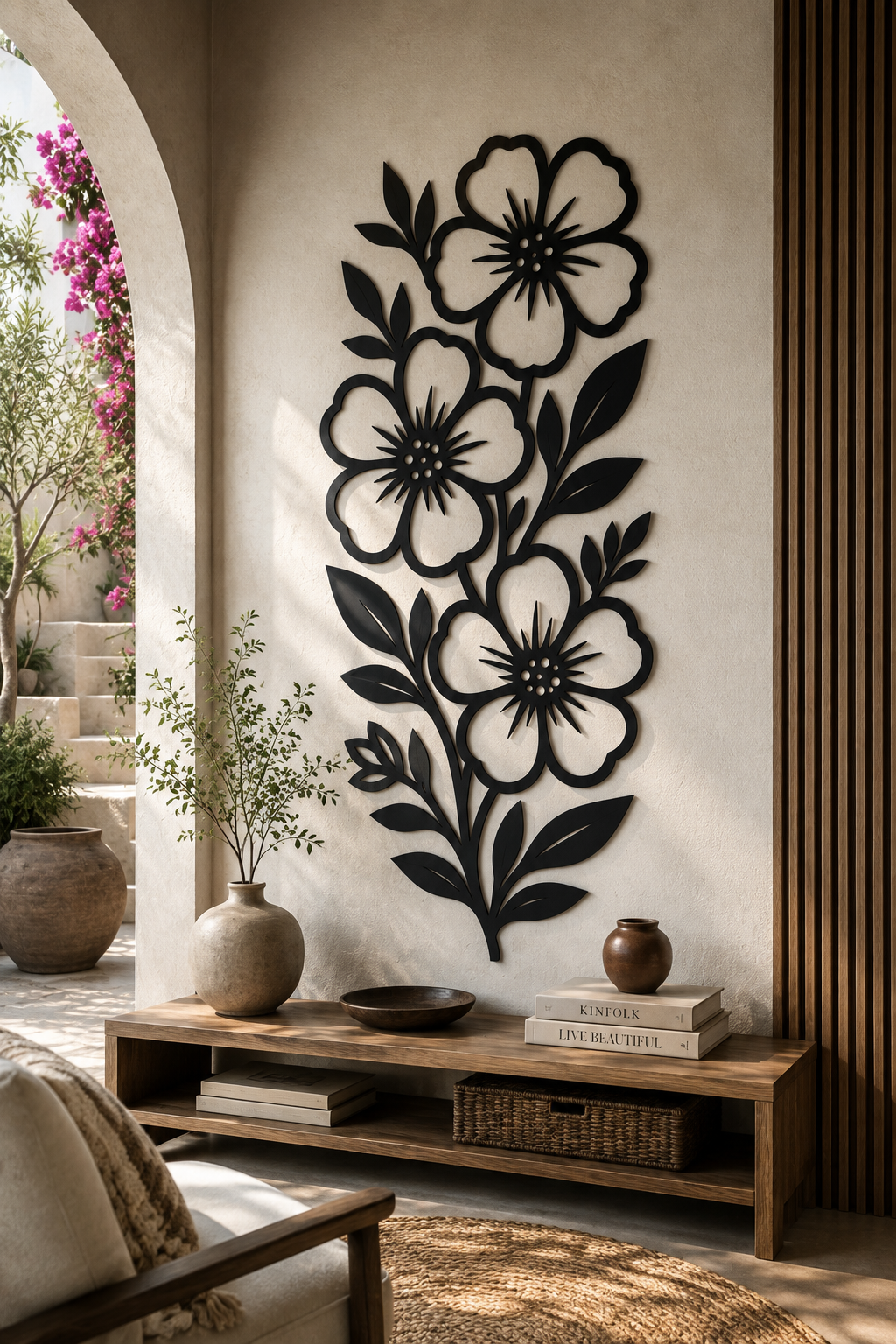 Floral Vine Metal Wall Art, Vertical Blooms Panel