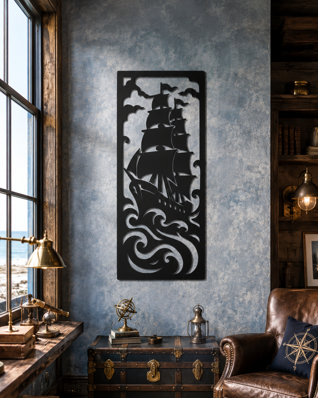 Ship on Waves Metal Wall Art, Framed Panel