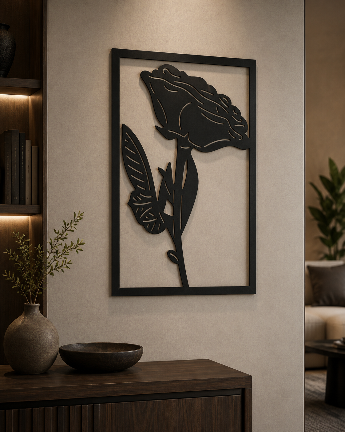 Rose Metal Wall Art, Framed Botanical Panel