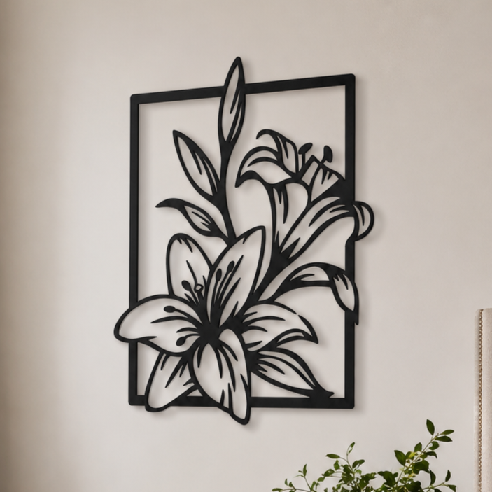 Lily Flower Metal Wall Art, Framed Botanical Panel