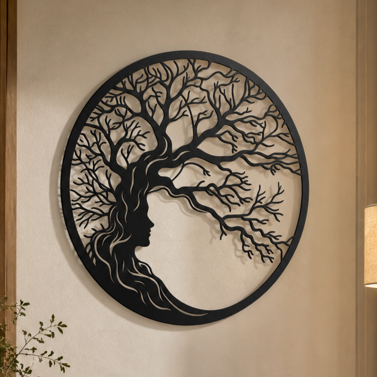 Tree of Life Woman Face Metal Wall Art, Round Panel