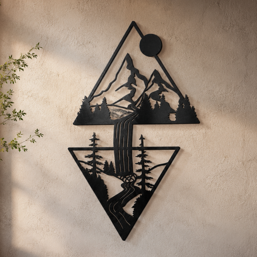 Mountain Waterfall Metal Wall Art, Double Triangle Panel