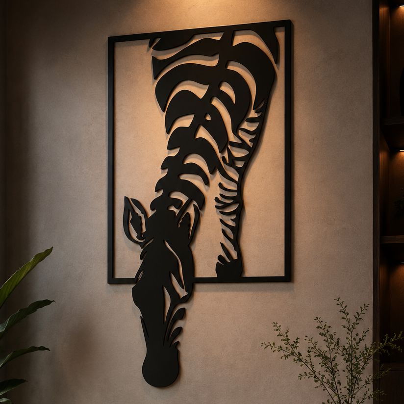 Zebra Head Metal Wall Art, Framed Panel with Stripe Detail