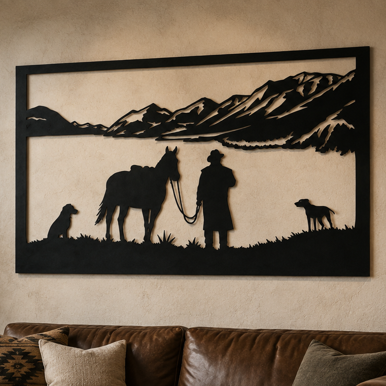 Cowboy Mountain Scene Metal Wall Art, Framed Panel