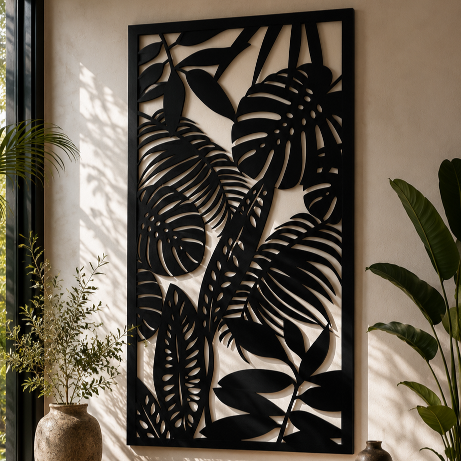 Tropical Leaf Metal Wall Art, Framed Jungle Panel