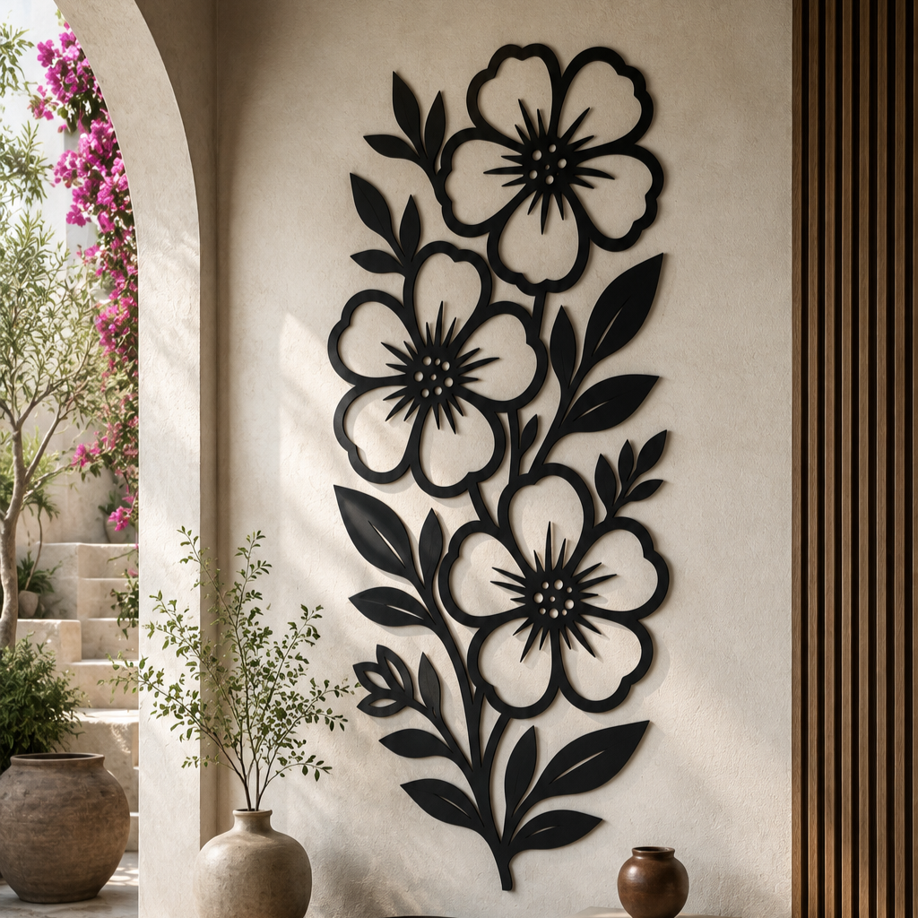 Floral Vine Metal Wall Art, Vertical Blooms Panel