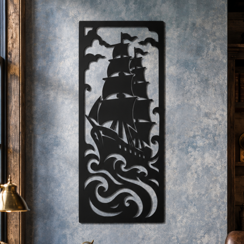 Ship on Waves Metal Wall Art, Framed Panel
