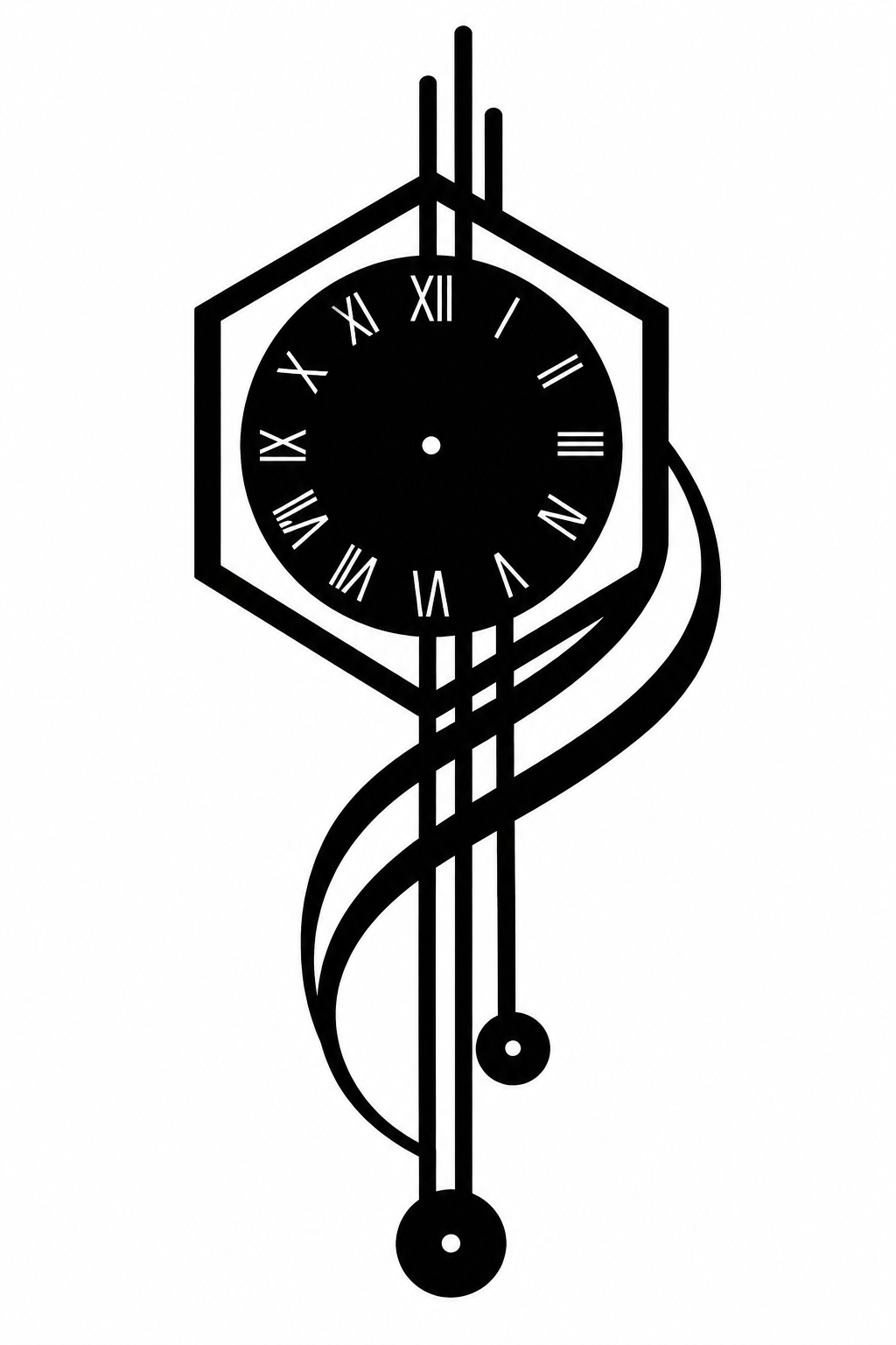 Hexagon Roman Numeral Wall Clock, Flowing Pendulum Design