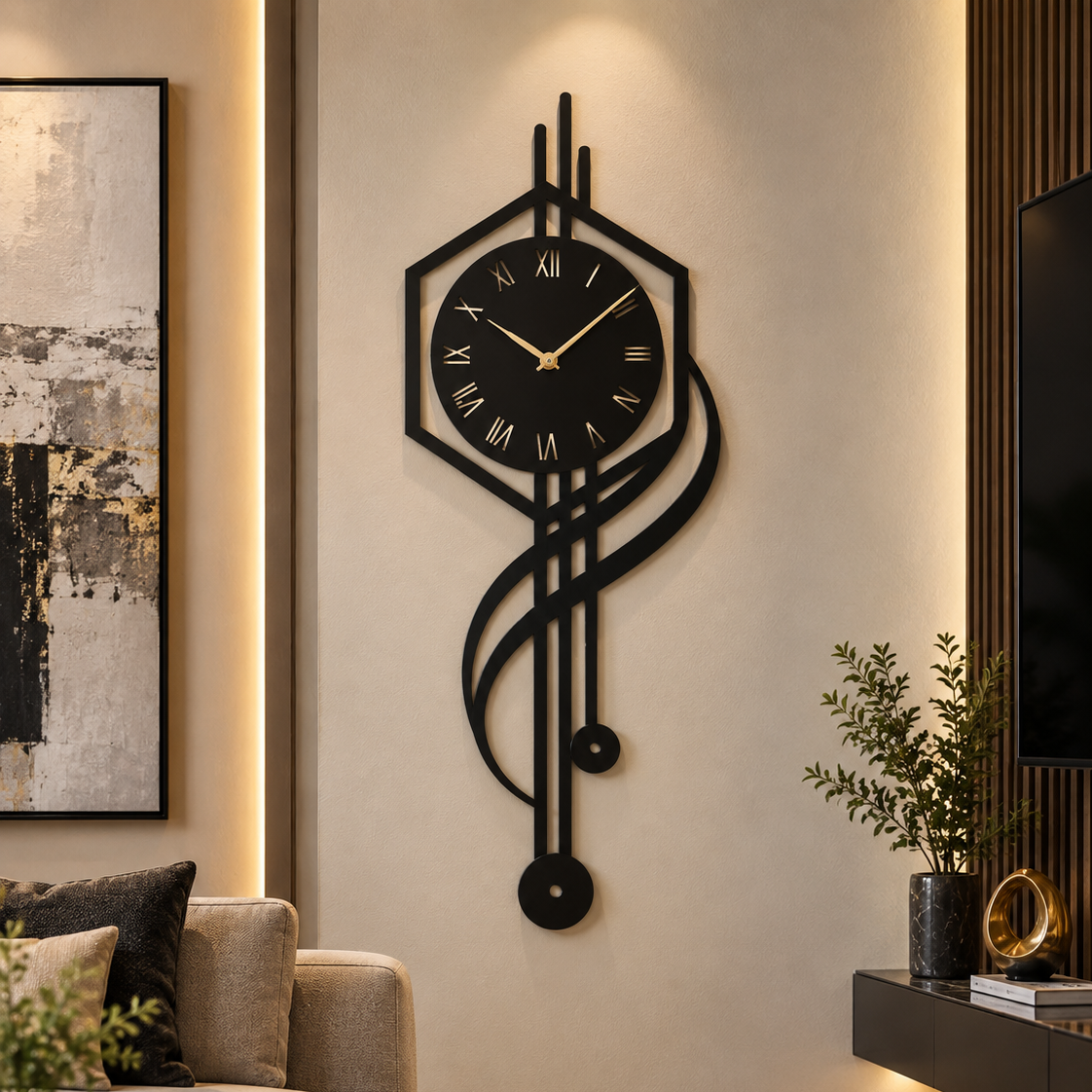 Hexagon Roman Numeral Wall Clock, Flowing Pendulum Design