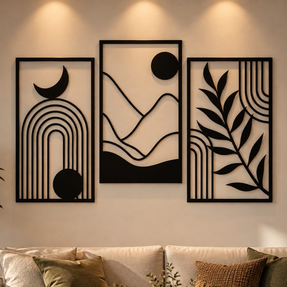 Boho Abstract Metal Wall Art, 3 Panel Collage