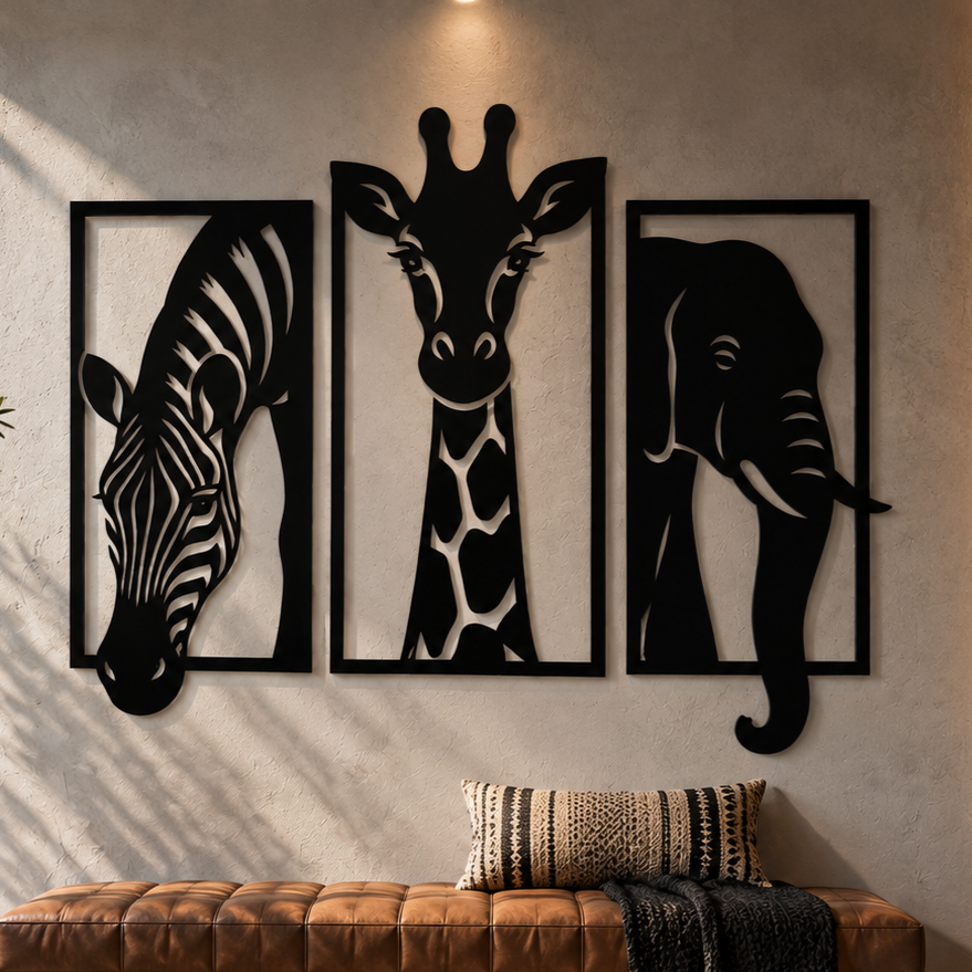 Safari Animal Metal Wall Art, 3 Panel Collage