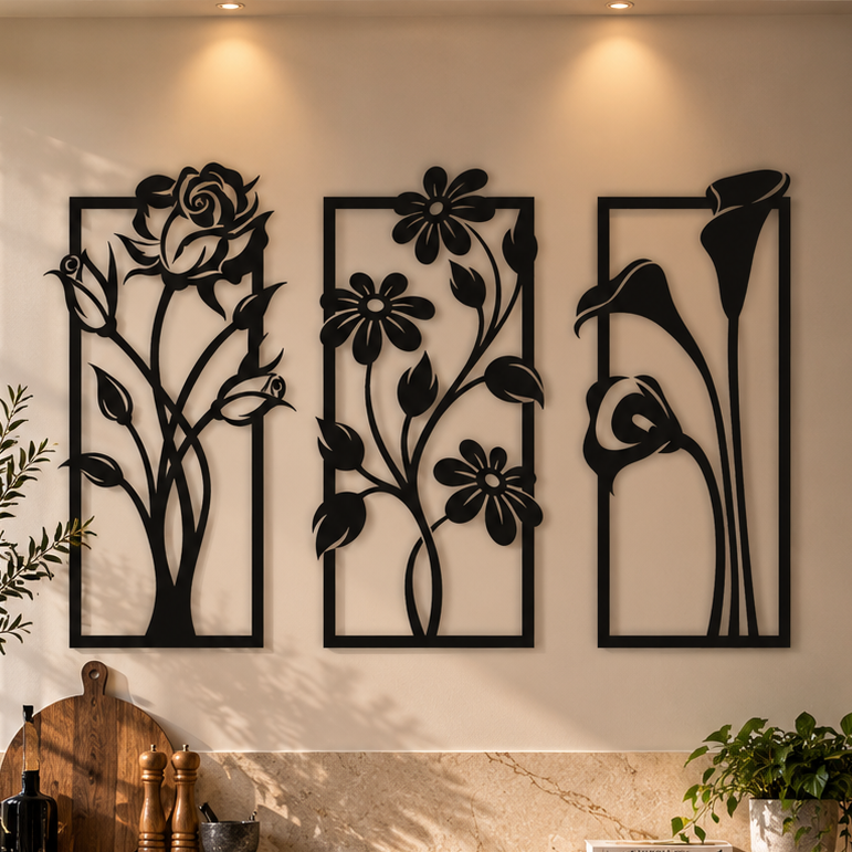 Floral Metal Wall Art, 3 Panel Collage