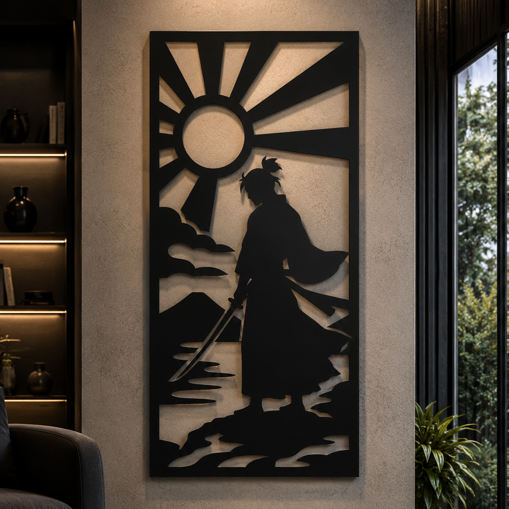 Samurai Sunrise Silhouette Metal Wall Art, Framed Panel