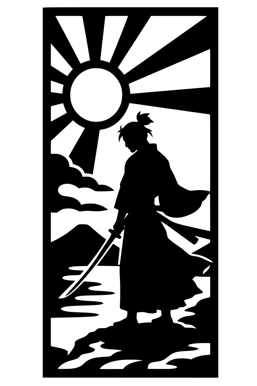 Samurai Sunrise Silhouette Metal Wall Art, Framed Panel - flat art