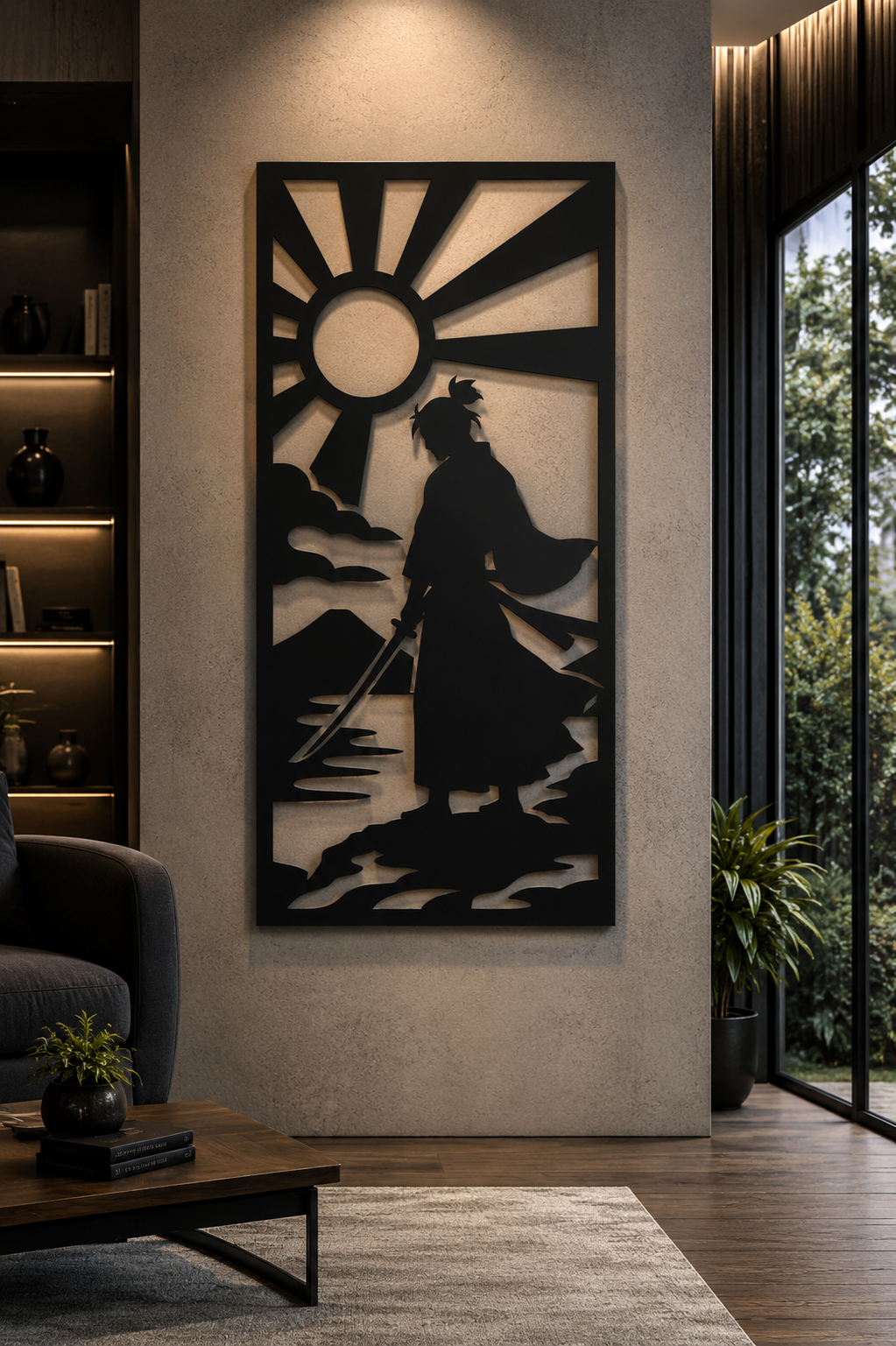 Samurai Sunrise Silhouette Metal Wall Art, Framed Panel - lifestyle