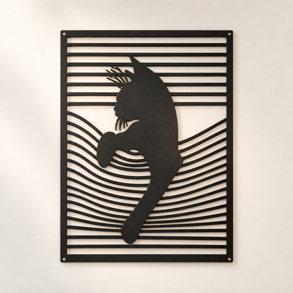Cat Silhouette Metal Wall Art, Wave Line Panel
